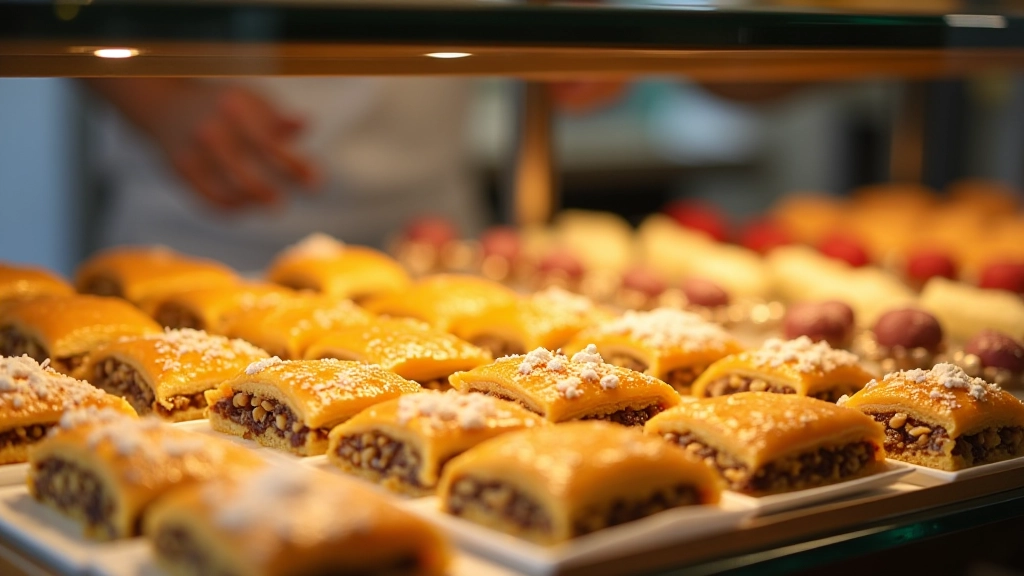 Artisan tatlıcıda tatlı vitrin, rengarenk pistachio ve ceviz dekorlu pastalar, baklava, kanaat, şerbetli tatlılar, cam vitrin, parlak aydınlatma