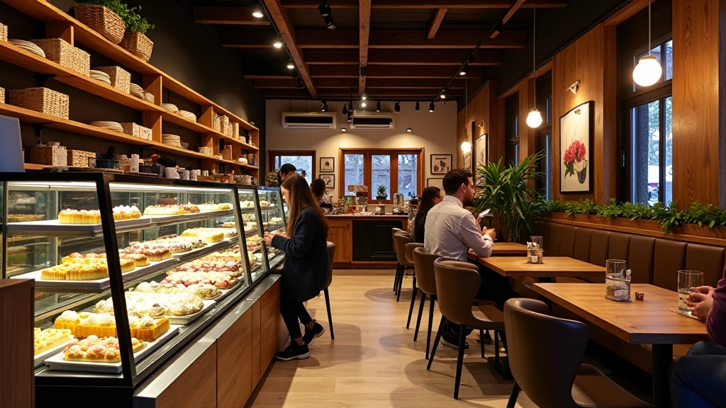 Artisan tatlıcı kafesin iç mekanı, ahşap dekor ve modern metal aksesuar, tatlı vitrininde renkli dessertler, müşteriler rahat koltuk ve masalarda oturuyor