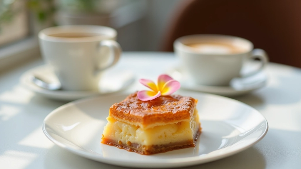 Modern tatlı kafe, beyaz tabakta çiçek şeklinde pastane, kahve ve çay fincanı, minimalist tasarım