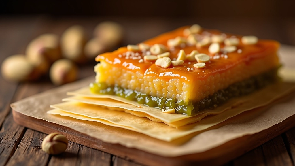 Geleneksel baklava yapımı, yufka katmanları ve Antep fıstığı dolgusu, ahşap masada, doğal ışıkla