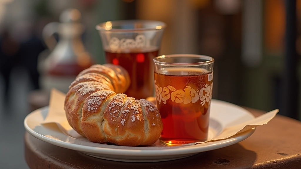 Simit ve siyah çay, kahvehanede sabah seyyar satıcısı, ışık gözlüğü
