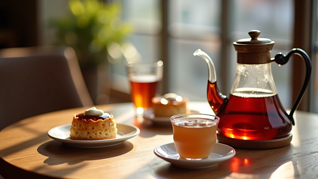 Türk çayı tulip bardakta, yanında cezve kahve, artisan kazandibi dessert fincan tabakta, ahşap masa, sabah ışığı, samovara benzer çay tepsisi
