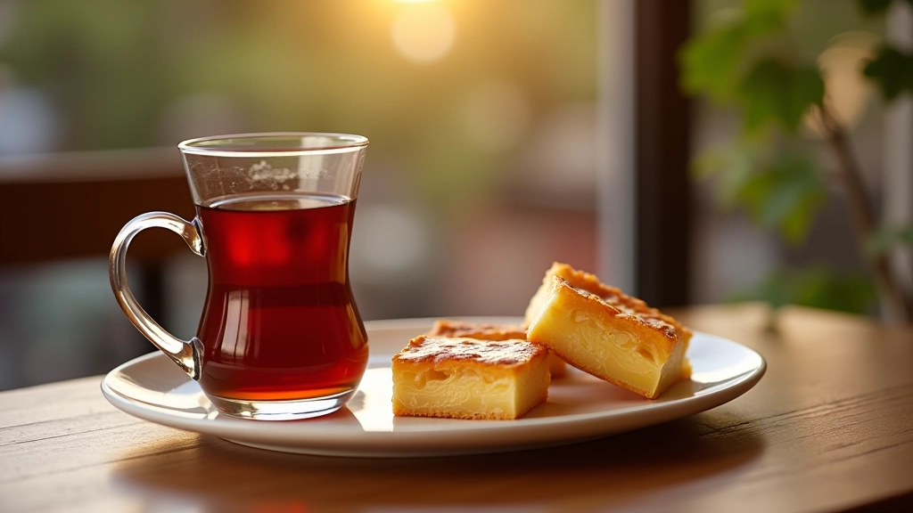 Türk çayı tulip bardakta, baklava ve künefe ile birlikte, seramik tabakta, sabah ışığında